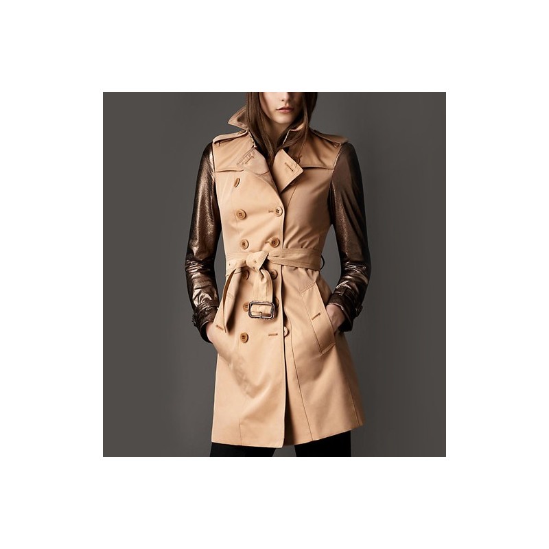 Casaco Feminino Trench Coat Mangas Couro Metalizadas