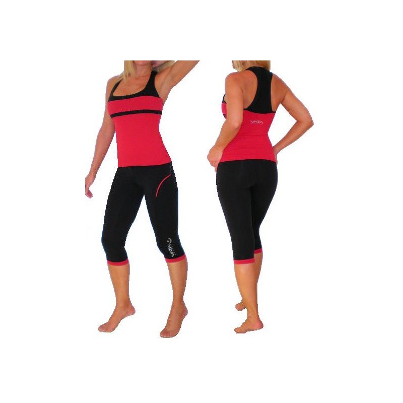 Conjunto Regata e Calça Capri Moda Fitness Vermelha e Preta